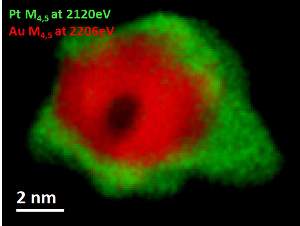 EELS color map of a Pt/Au catalyst nanoparticle