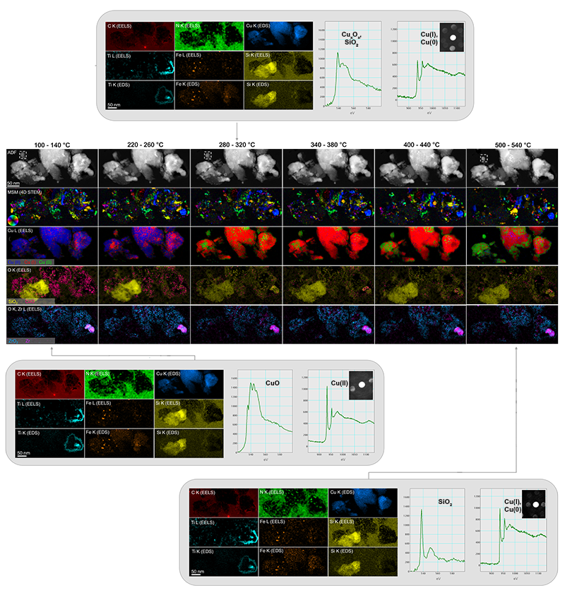 CuO heating results from 100 to 540 ºC. Copper oxidation state and oxygen ELNES maps were produced using standards-based EELS quantification and concurrent standards as described by Schaffer et al. [3]. Counting EELS combined with EDS also allowed mapping of the: carbon K, nitrogen K, copper K, titanium L and K, iron L and K, and silicon K signals, as shown in inset figures for selected temperatures. PCA denoised single scatter distribution oxygen K and copper L spectra extracted from the annotated region are also shown.   