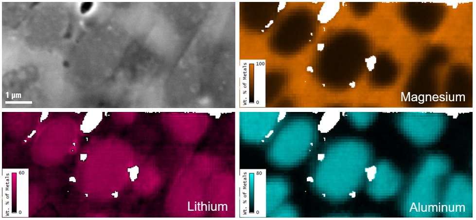 Secondary electron image and elemental metal fraction maps (by wt. %) of the same region of the MgLiAl alloy; white pixels are regions excluded from the analysis due to influence of topography.