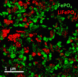EELS color map showing the distribution LiFePO4 (red) and FePO4 (green) particles from a battery electrode charged to half cycle