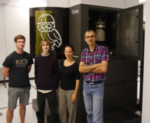 TEM team & collaborators from left to right: Dayne Swearer, Rowan Leary, Emilie Ringe, and Sadegh Yazdi.