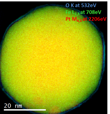 EELS color map of a Pt/Fe catalyst nanoparticle